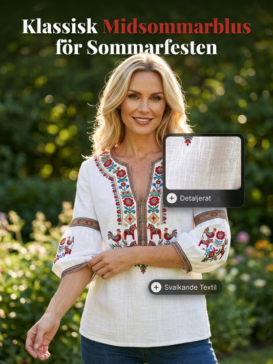 Dams blus i vintagestil, inspirerad av den svenska midsommartraditionen, i bomull och linntyg