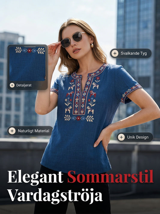 Dams retro svensk midsommarblommig patchwork-löpare casual t-shirt