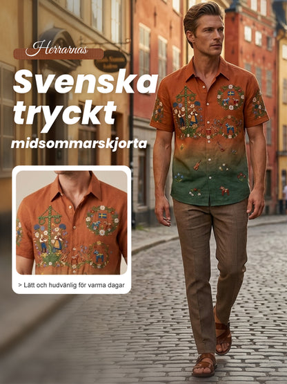 Herrskjortor i retrostil med svensk midsommar- och folkdräktsmotiv i bomull-linne, kortärmade