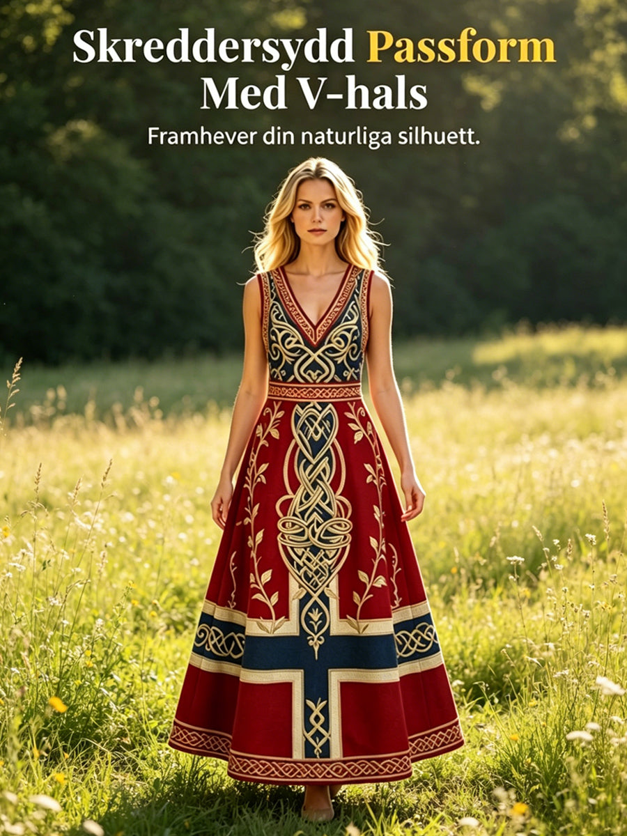 Damekjole i nordisk vikingstil med trykket kunstmotiv