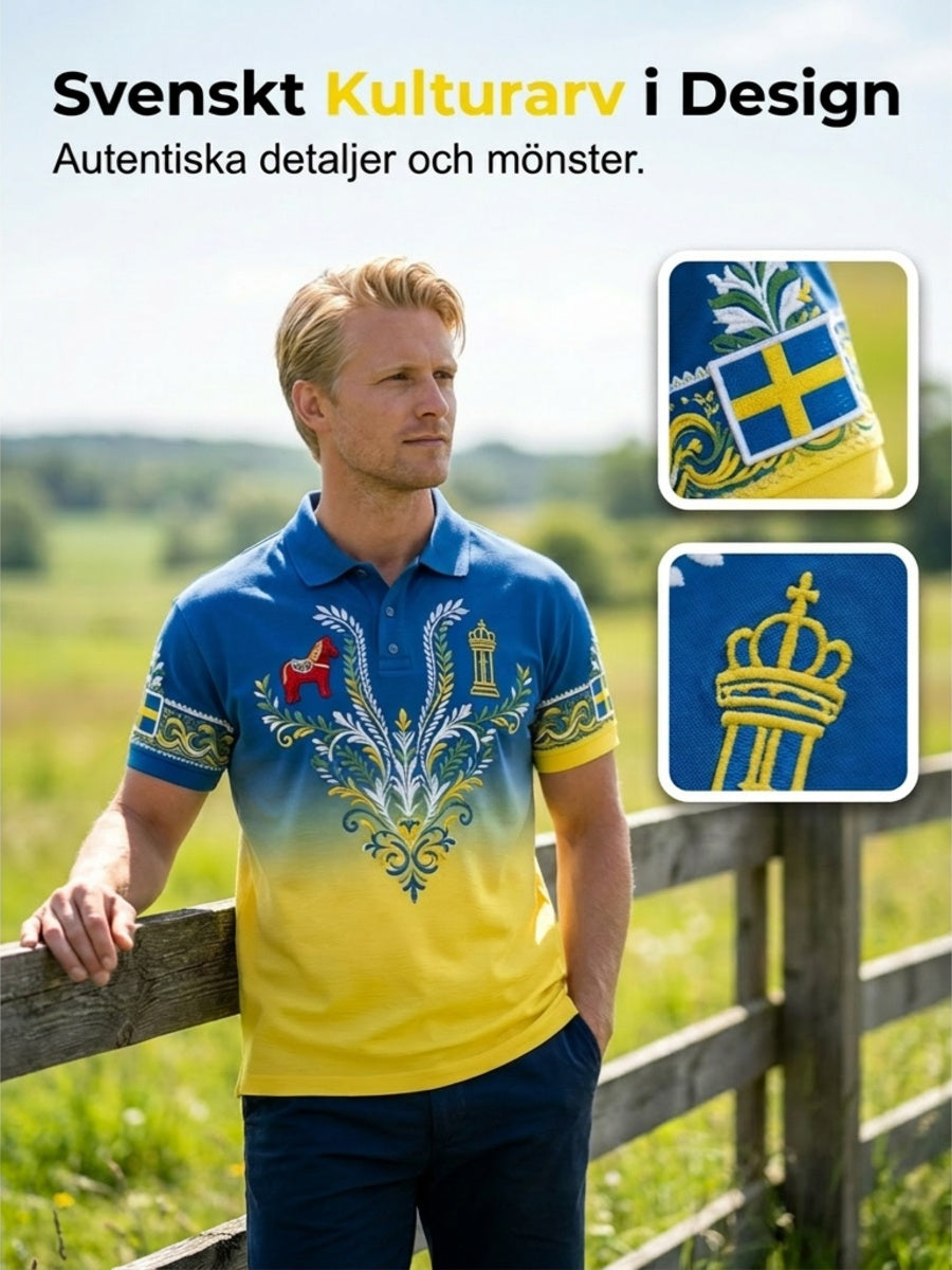 Herrpolotröja med konsttryck som hyllar den svenska midsommarfesten