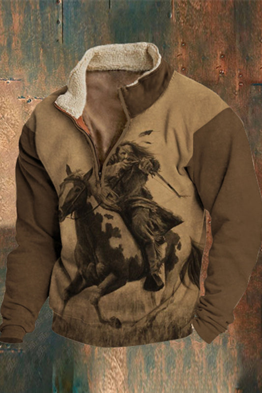 Menns pelslåslår krig hest Western Cowboys 3D utskrift tykk utendørs sweatshirt