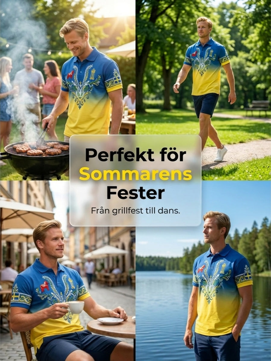 Herrpolotröja med konsttryck som hyllar den svenska midsommarfesten