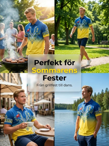 Herrpolotröja med konsttryck som hyllar den svenska midsommarfesten