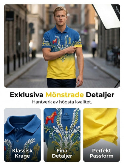 Herrpolotröja med konsttryck som hyllar den svenska midsommarfesten