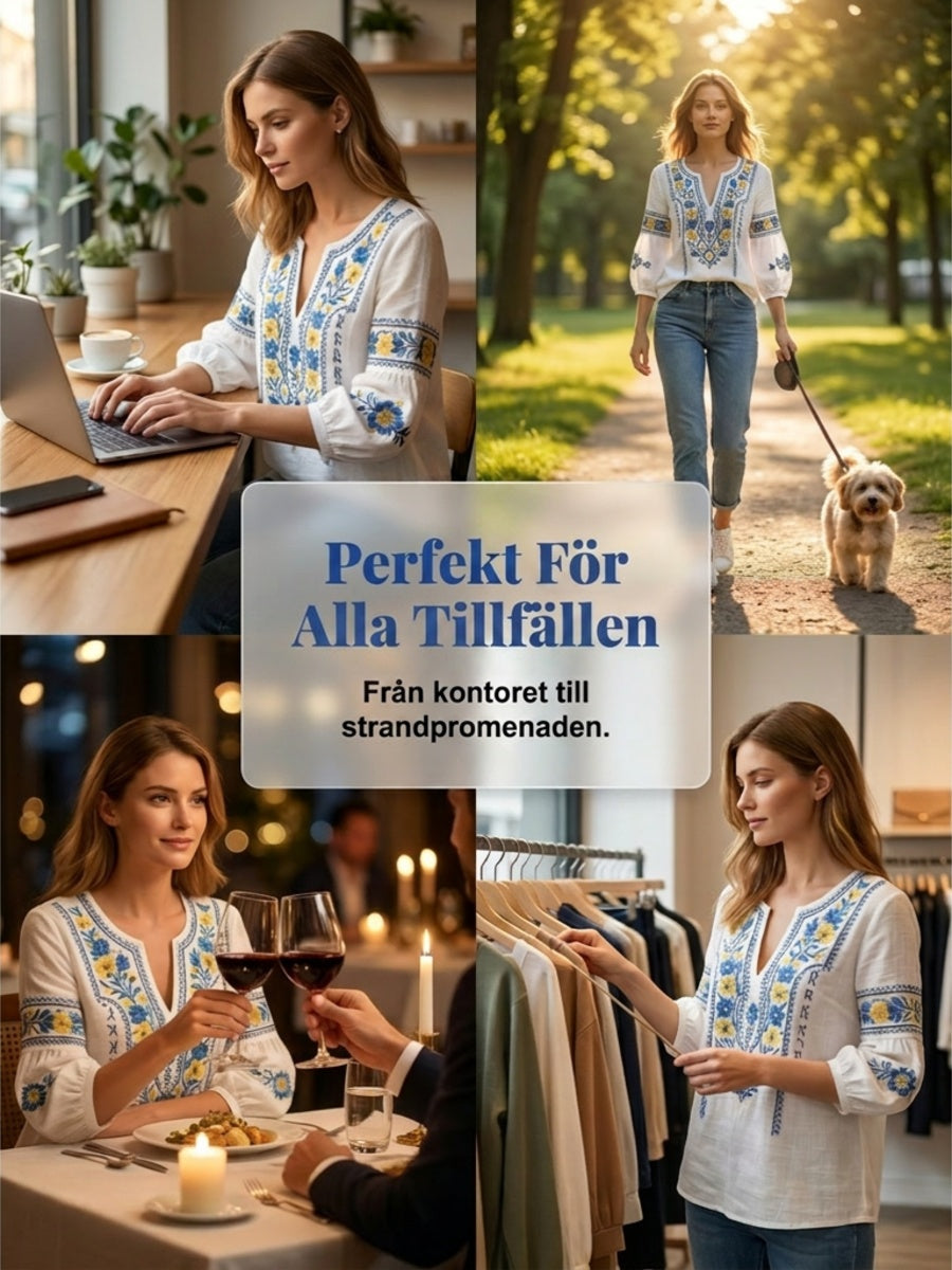 Dams retro artistisk svensk midsommarblommig topp med V-ringning