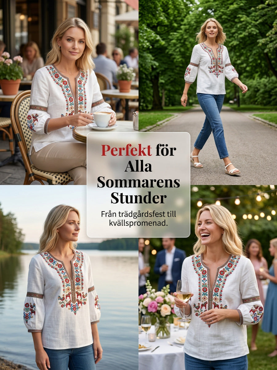 Dams blus i vintagestil, inspirerad av den svenska midsommartraditionen, i bomull och linntyg