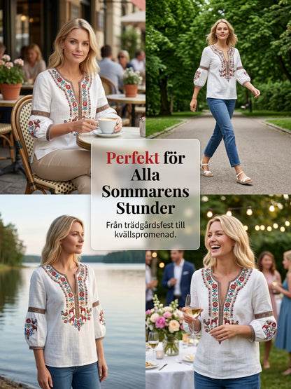 Dams blus i vintagestil, inspirerad av den svenska midsommartraditionen, i bomull och linntyg