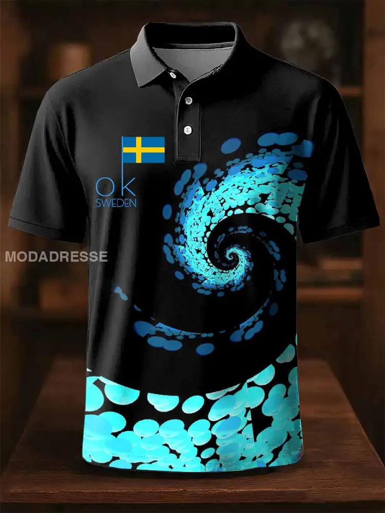 Casual Pikétröja Med Retro Svenskt Tryck För Män som bild / S