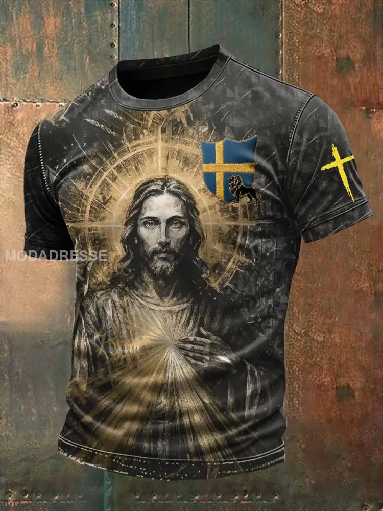 Casual T-shirt Med Retro Svenskt Tryck För Män som bild / S