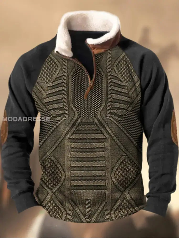 Cowboy tekstur mønster trykt Western Village jakt logoknapp V-hals Furkrage Tykk sweatshirt A / S