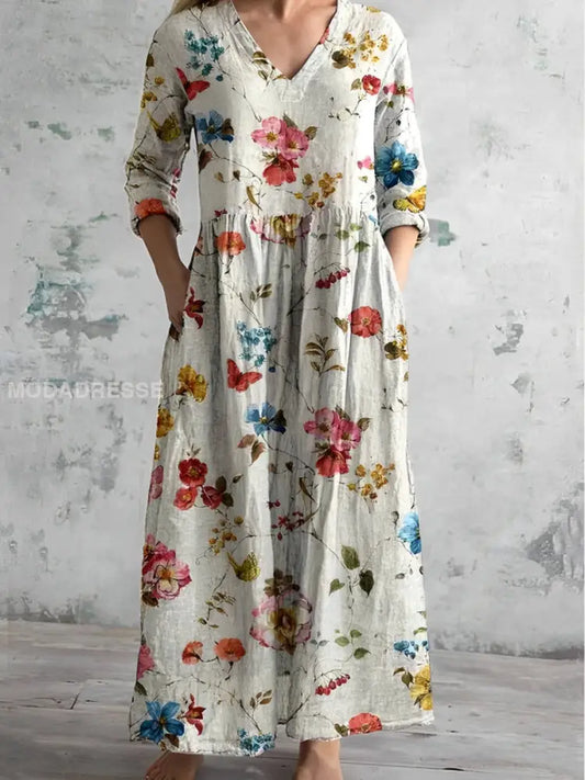 Dame V-hals Retro Rose Floral Mønster Maxikjole A / S