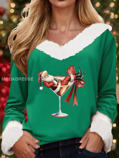 Damens jultomte sitter på ett rött vinglas med en tryckt pälskrage topp grön / S