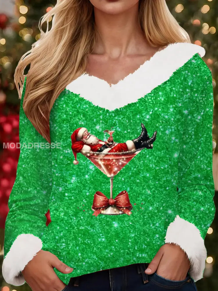 Damens jultomte sitter på ett rött vinglas med en tryckt pälskrage topp ljus grön / S