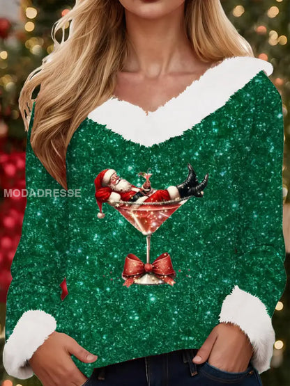 Damens jultomte sitter på ett rött vinglas med en tryckt pälskrage topp mörk gröna / S