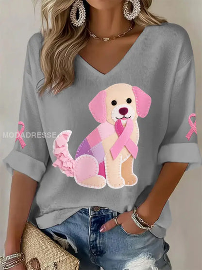 Damens rosa hund Pink Ribbon Bröstcancer medvetenhet Stöd Långärm T shirt grå / S