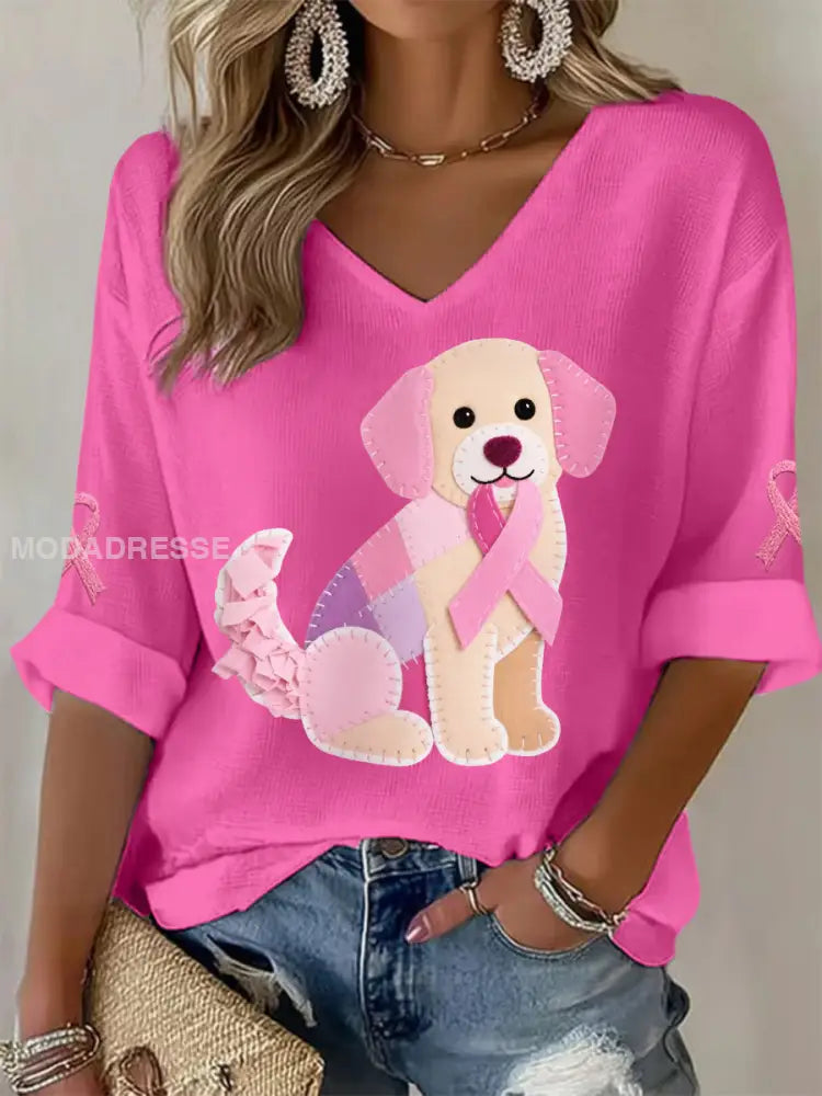 Damens rosa hund Pink Ribbon Bröstcancer medvetenhet Stöd Långärm T shirt rosröd / S