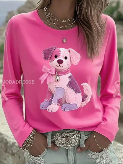 Damens rosa hund Pink Ribbon Bröstcancer medvetenhet Stöd Långärm T shirt rosrött / S