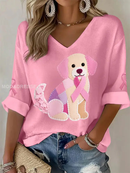 Damens rosa hund Pink Ribbon Bröstcancer medvetenhet Stöd Långärm T shirt rost / S