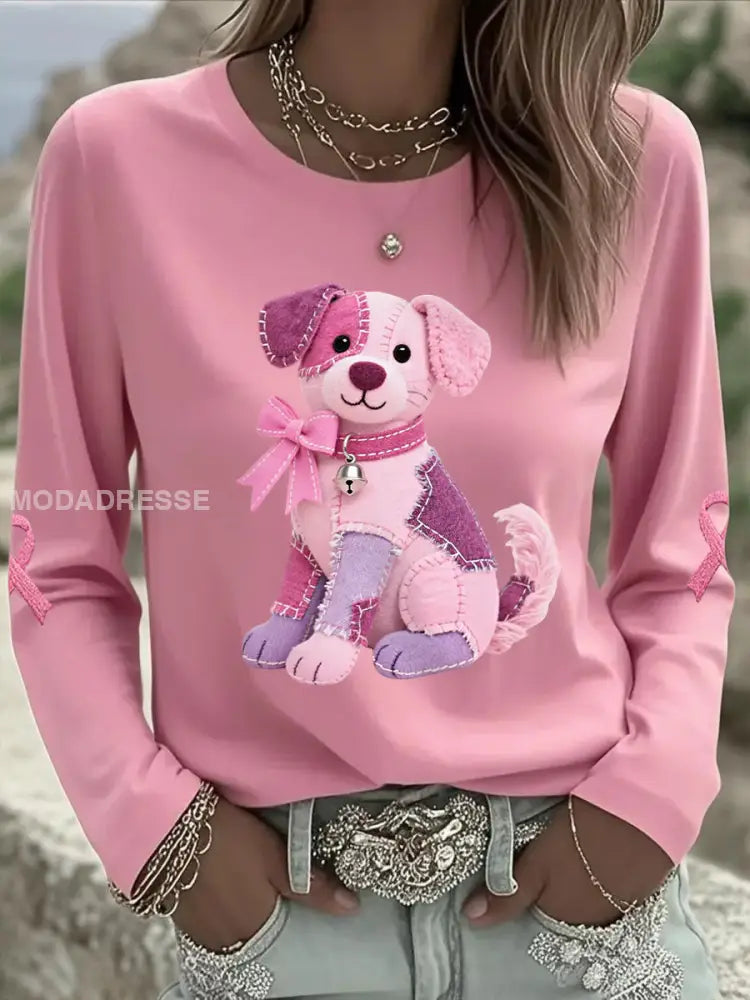 Damens rosa hund Pink Ribbon Bröstcancer medvetenhet Stöd Långärm T shirt runt / S