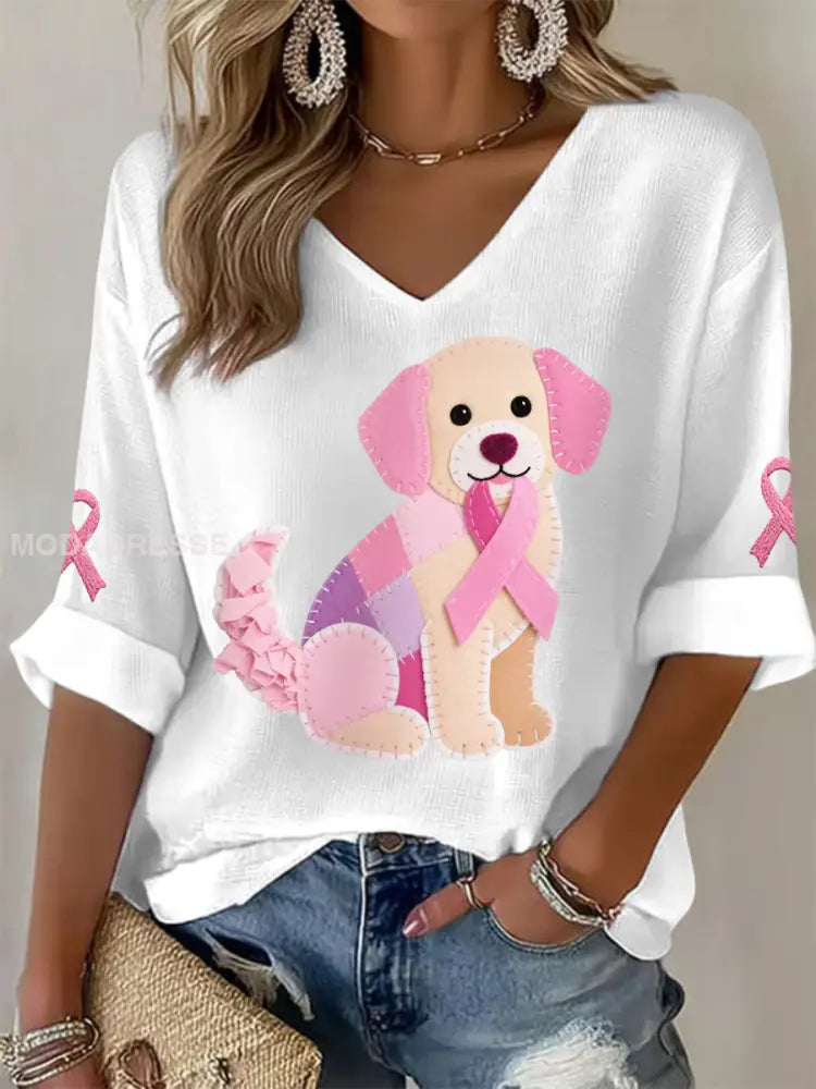 Damens rosa hund Pink Ribbon Bröstcancer medvetenhet Stöd Långärm T shirt vit / S