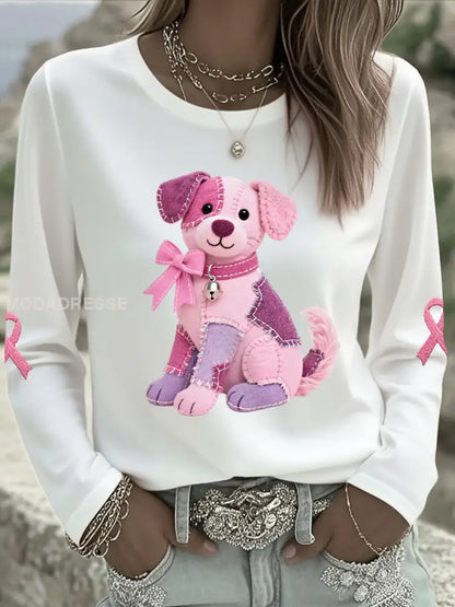 Damens rosa hund Pink Ribbon Bröstcancer medvetenhet Stöd Långärm T shirt vitt / S