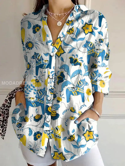 Damens Sverige Dala Hästar Tryckt skjorta blå / S