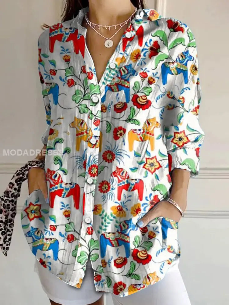 Damens Sverige Dala Hästar Tryckt skjorta röd / S