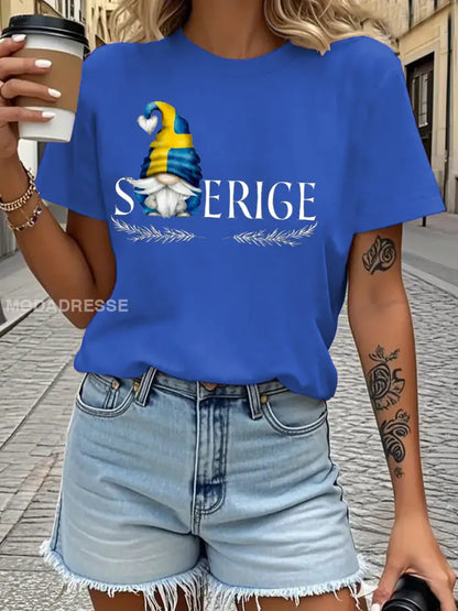Damens Sveriges flagg tryckt T shirt blå / S