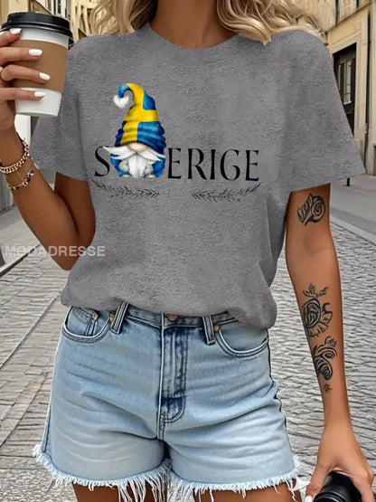 Damens Sveriges flagg tryckt T shirt ljusgrå / S