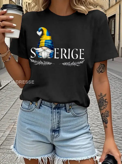Damens Sveriges flagg tryckt T shirt svart / S