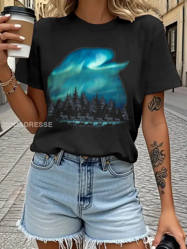 Damens Sveriges flagg tryckt T shirt svart / S