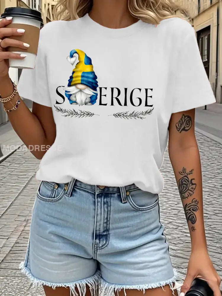 Damens Sveriges flagg tryckt T shirt vit / S