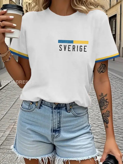 Damens Sveriges flagg tryckt T shirt vit / S