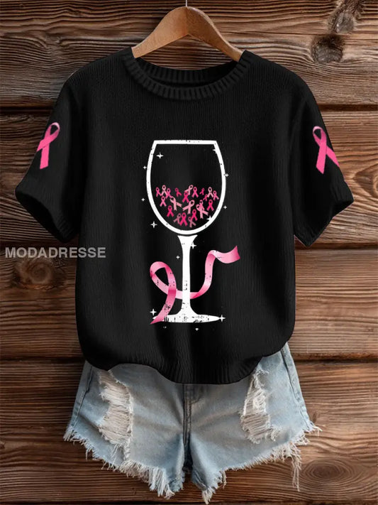 Damer Bröstcancer Vin Glas kortärmad T shirt svart / S