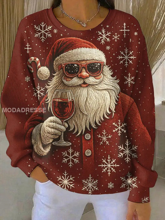 Damernas jultomte håller ett rött vinglas Print Ribbed Round-Hack Sweatshirt som bild / S