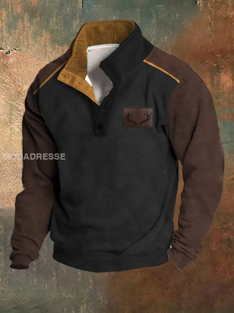 Fleece Vintage Western Antler Hunting Enthusiast Stand Collar-genser med ståkrage til menn Brun / S Bestseller