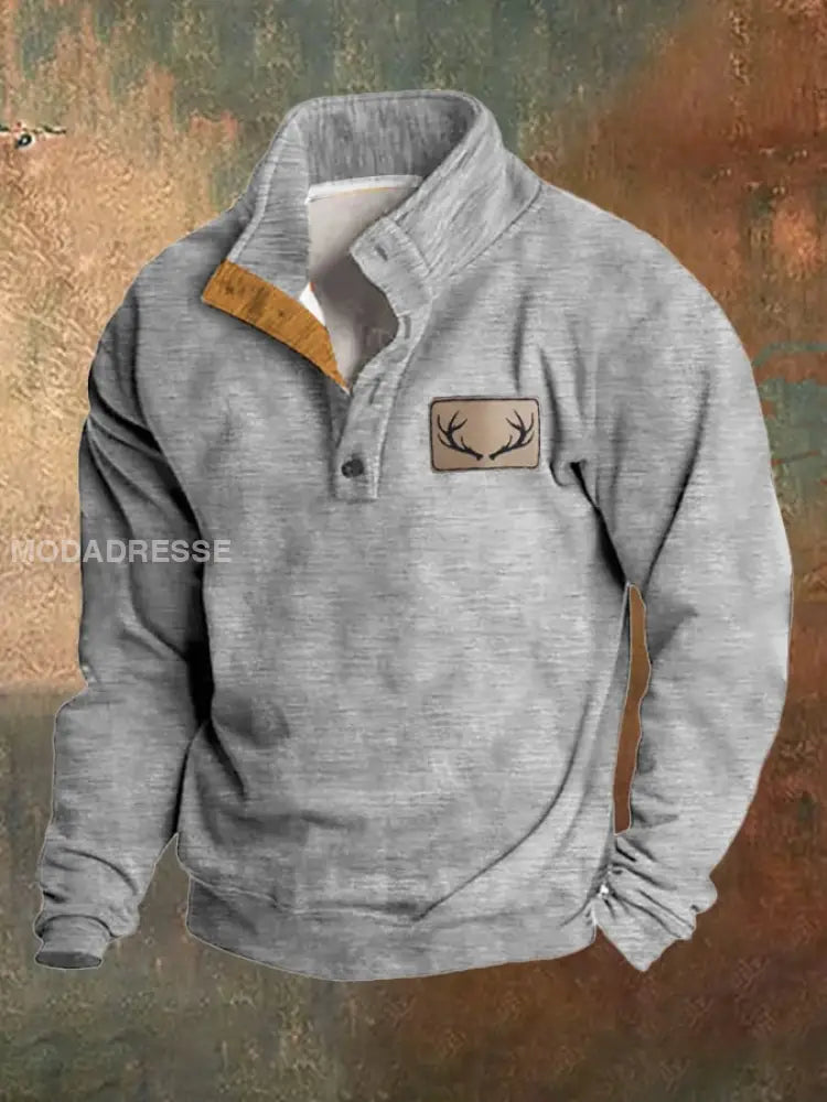 Fleece Vintage Western Antler Hunting Enthusiast Stand Collar-genser med ståkrage til menn Grå / S Bestseller