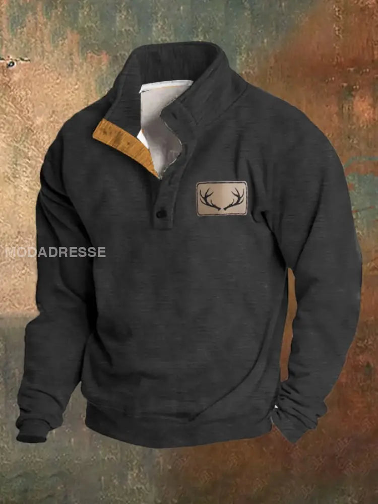 Fleece Vintage Western Antler Hunting Enthusiast Stand Collar-genser med ståkrage til menn Helt svart / S Bestseller