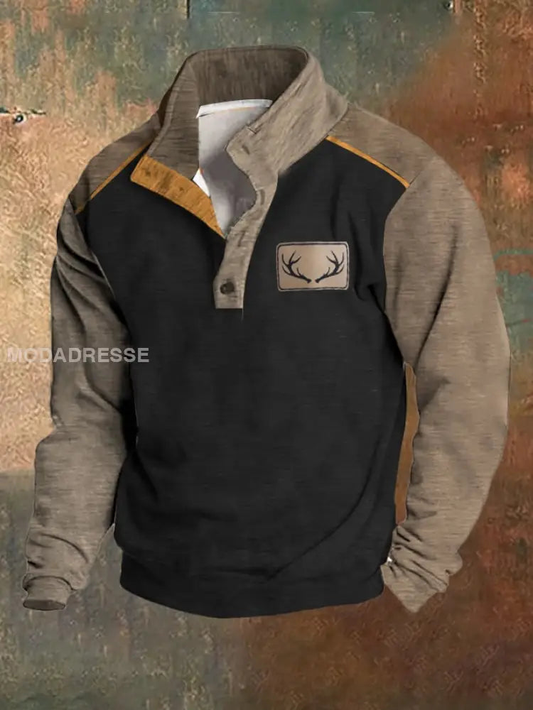 Fleece Vintage Western Antler Hunting Enthusiast Stand Collar-genser med ståkrage til menn Khaki / S Bestseller