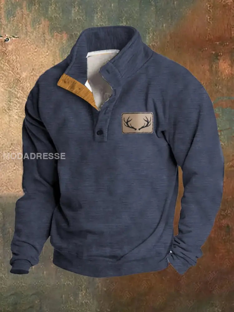 Fleece Vintage Western Antler Hunting Enthusiast Stand Collar-genser med ståkrage til menn Mørk blå / S Bestseller