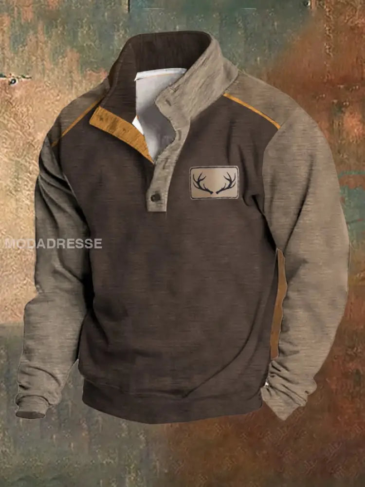 Fleece Vintage Western Antler Hunting Enthusiast Stand Collar-genser med ståkrage til menn Mørk brun / S Bestseller