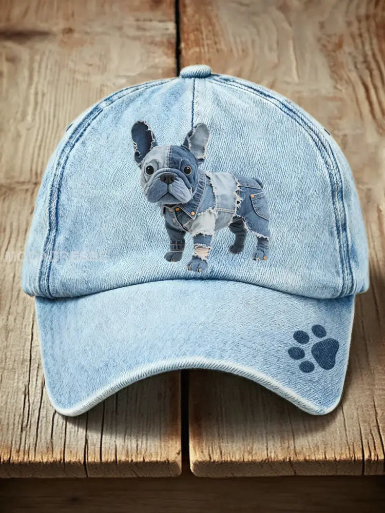 Härliga franska Bulldog Patchwork konst hatt blå / ONE