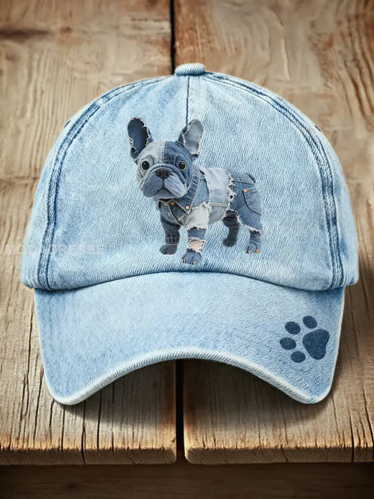 Härliga franska Bulldog Patchwork konst hatt blå / ONE