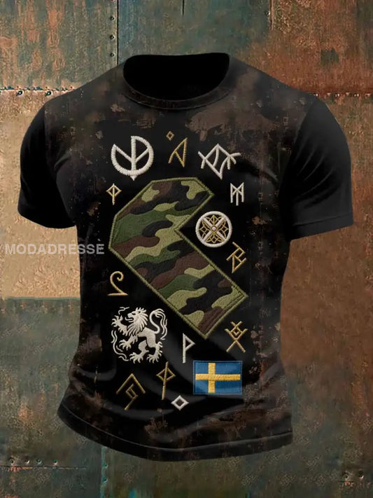 Herr Retro Svensk Viking Kamouflage Mönster Avslappnad T-shirt som bild / S