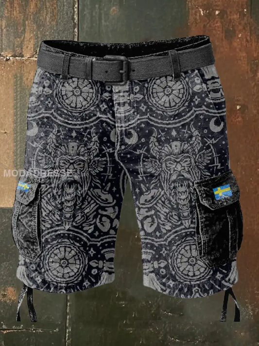 Herr Retro Svenska Viking Print Casual Cargo Shorts som bild / S