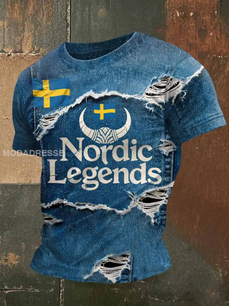 Herr Vintage nödliden Denim Svensk Viking Skriv ut Casual T-shirt som bild / S