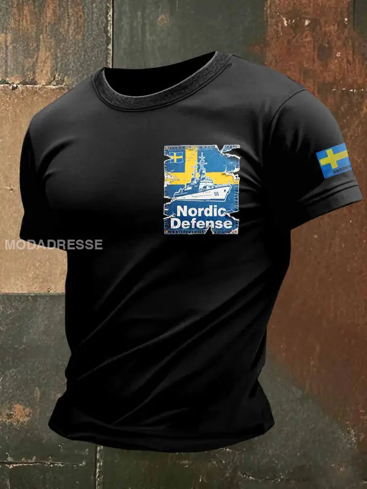 Herr Vintage nödliden Denim Svensk Viking Skriv ut Casual T-shirt som bild / S