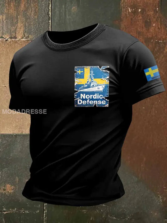 Herr Vintage nödliden Denim Svensk Viking Skriv ut Casual T-shirt som bild / S