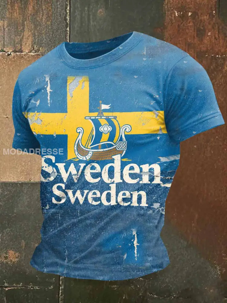 Herr Vintage nödliden Denim Svensk Viking Skriv ut Casual T-shirt som bild / S